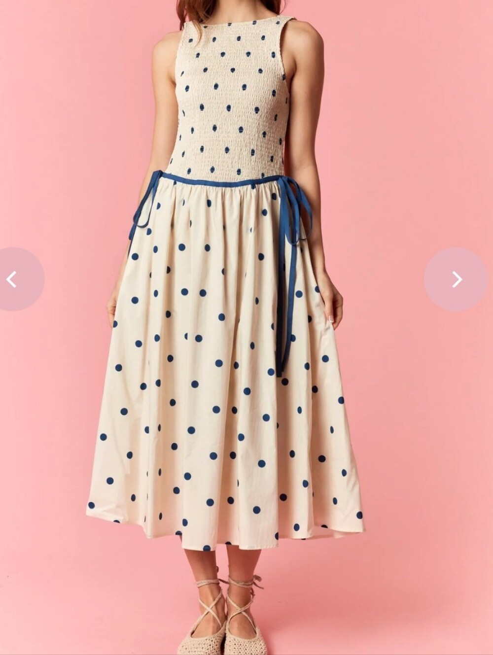 Peach Love Polka Dot Smocked Bodice Drop Waist Tie Midi Dress Navy Cream Size L